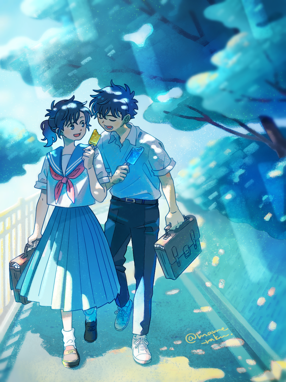 1boy, 1girl, bag, black_hair, black_pants, blue_sailor_collar, blue_skirt, cherry_blossoms