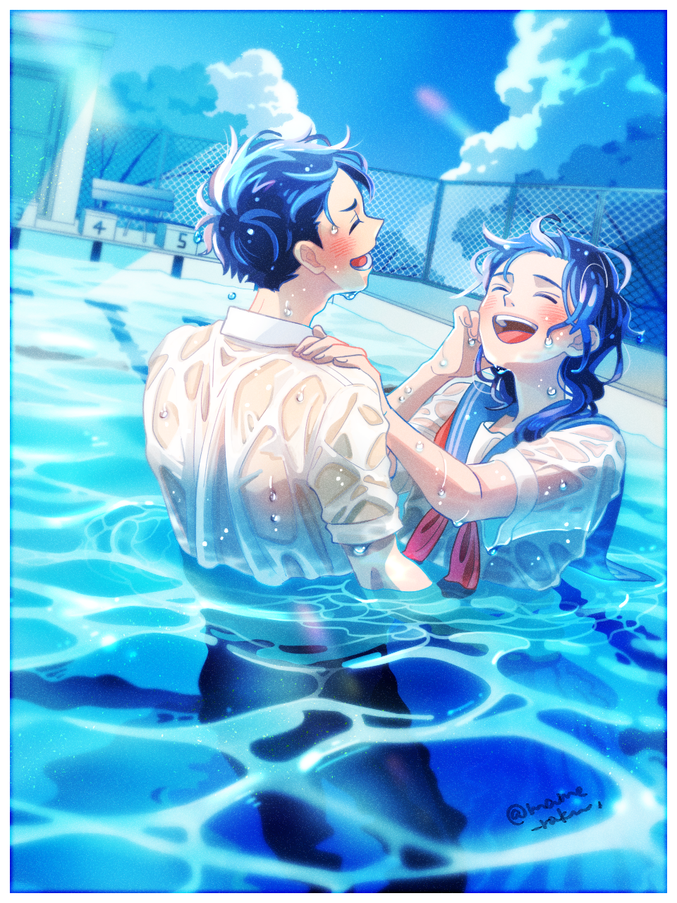 1boy, 1girl, ^_^, black_hair, black_pants, blue_sailor_collar, blush, closed_eyes