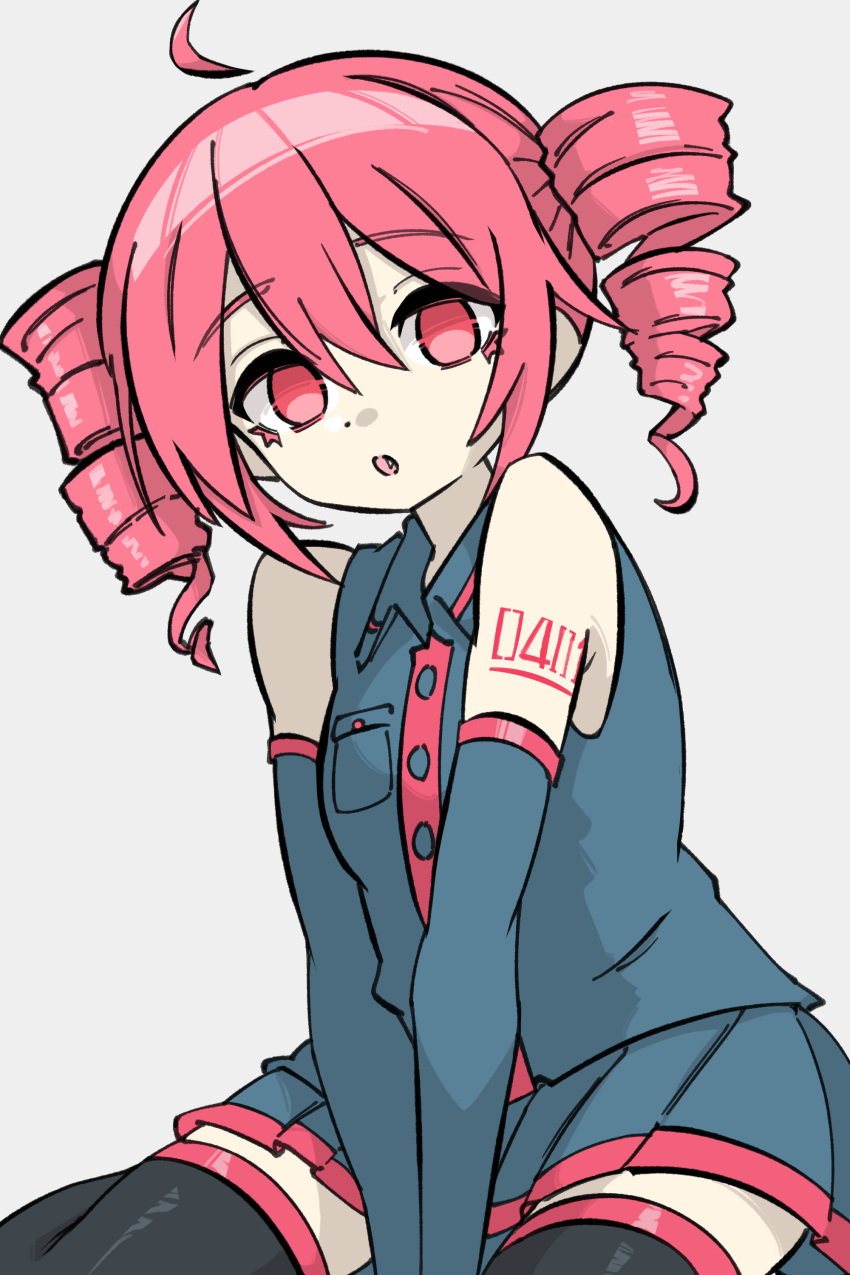1girl, absurdres, ahoge, arm_tattoo, bare_shoulders, black_shirt, black_skirt, black_thighhighs
