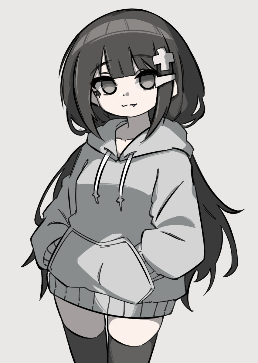 1girl, :3, absurdres, black_hair, black_thighhighs, closed_mouth, collarbone, fang, flat_color, ghuler, grey_background, grey_eyes, grey_hoodie, hair_ornament, hands_in_pocket, highres, hood, hoodie, inabakumori, long_hair, looking_at_viewer, low_twintails, osage_(nukunuku_nigirimeshi), pale_skin, plus_sign_hair_ornament, sidelocks, simple_background, solo, thigh-highs, twintails