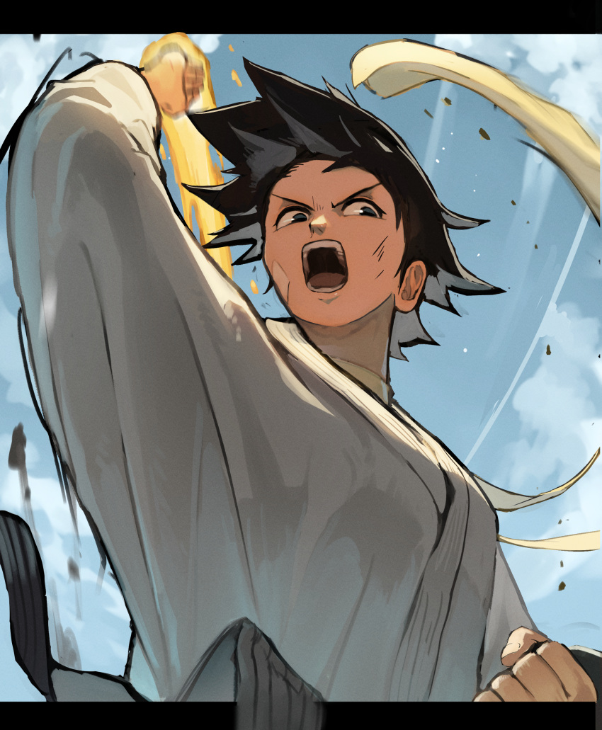 1girl, absurdres, bandaid, bandaid_on_cheek, bandaid_on_face, black_hair, blue_sky, choker, clouds, dougi, flaming_hand, from_below, highres, karate, karate_gi, makoto_(street_fighter), martial_arts_belt, no_842, open_mouth, ribbon, ribbon_choker, short_hair, sky, solo, street_fighter, tomboy, upper_body, yellow_ribbon