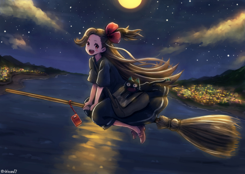 1girl, :d, alternate_costume, asymmetrical_bangs, backlighting, black_cat, black_dress, blush