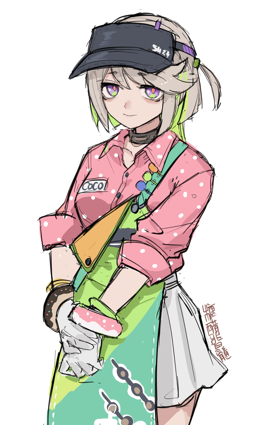1girl, absurdres, apron, bag, bags_under_eyes, black_choker, brown_hair, candy