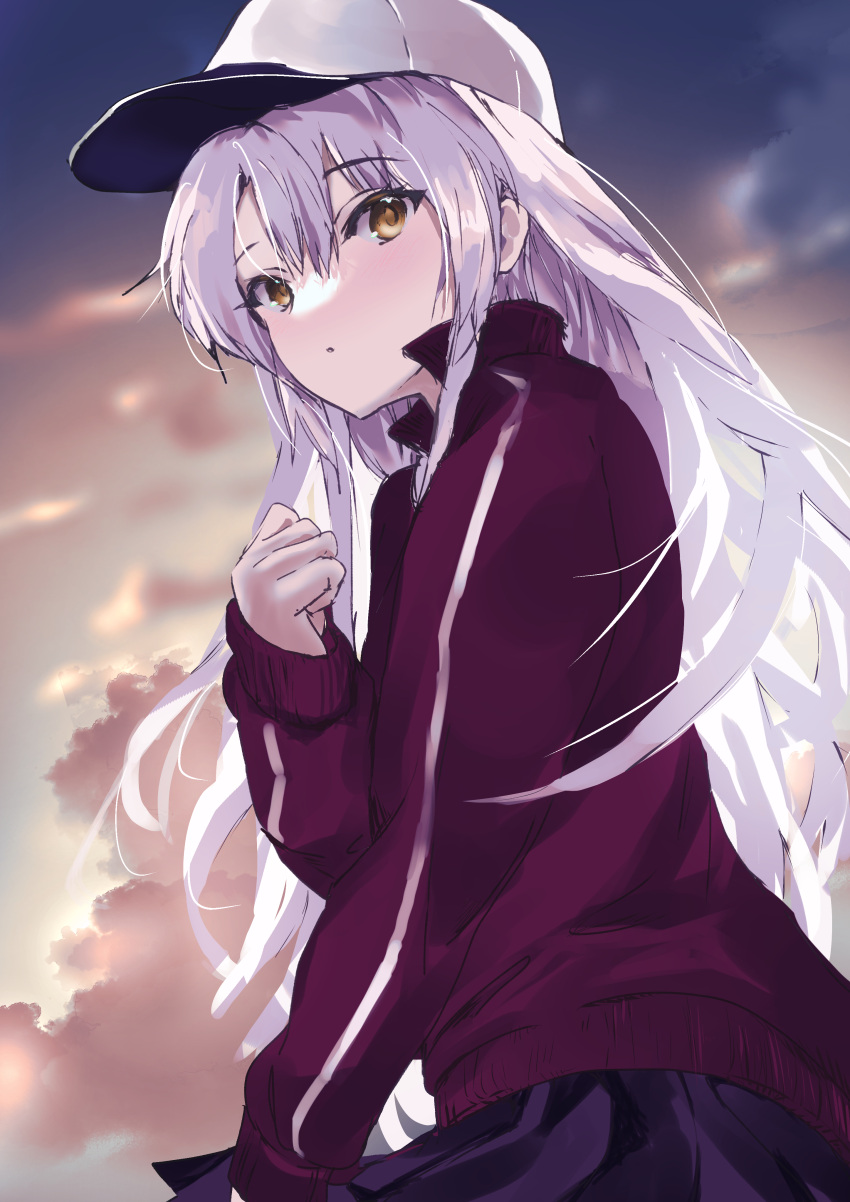 1girl, absurdres, angel_beats!, baseball_cap, black_skirt, blush, clenched_hand, commentary