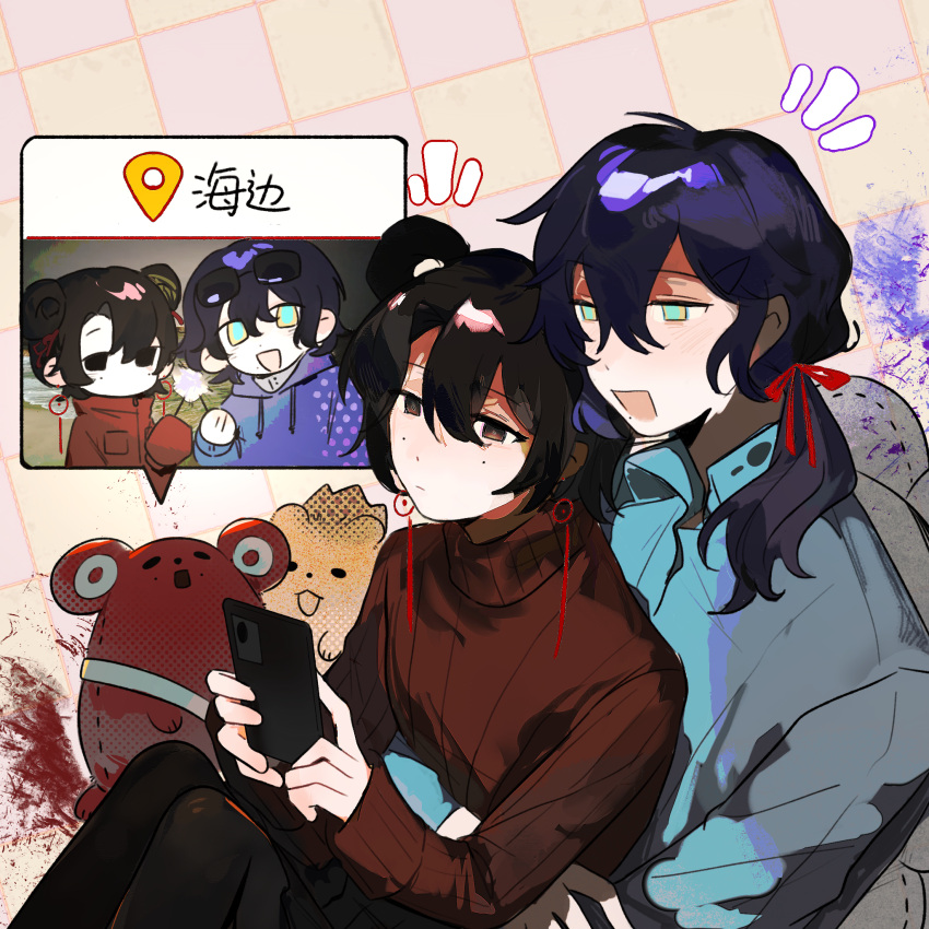1boy, 1girl, black_pantyhose, black_skirt, blue_hair, blue_shirt, brown_eyes, cellphone, chinese_commentary, chinese_text, closed_mouth, collaboration, collared_shirt, commentary_request, dark_blue_hair, earrings, expressionless, eyewear_on_head, hair_ribbon, hair_rings, highres, holding, holding_phone, jewelry, li_yuting_(female), long_sleeves, medium_hair, mole, mole_under_each_eye, mole_under_eye, mole_under_mouth, multicolored_eyes, multiple_moles, notice_lines, oeufli, open_mouth, pantyhose, phone, red_ribbon, red_sweater, ribbed_sweater, ribbon, shirt, sitting, sitting_on_lap, sitting_on_person, skirt, smile, sunglasses, sweater, touqi_guaitan, translation_request, turtleneck, turtleneck_sweater, w-51096002, you_jiujiu, zhiyuanshitiaodaxianyu