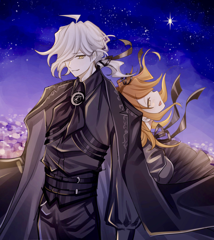 1boy, 1girl, absurdres, ahoge, alternate_costume, arms_at_sides, back-to-back, black_coat