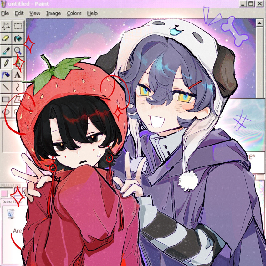 +++, 1boy, 1girl, animal_hat, black_eyes, black_hair, blue_hair, chinese_commentary, collaboration, commentary_request, dog_hat, earrings, facial_mark, food-themed_hat, hair_between_eyes, hair_ornament, hairclip, hands_on_another's_shoulders, hat, highres, hood, hood_down, hoodie, jewelry, layered_sleeves, li_yuting_(female), long_sleeves, mark_under_both_eyes, notice_lines, oeufli, open_mouth, purple_hoodie, red_hat, red_shirt, shirt, short_over_long_sleeves, short_sleeves, sleeves_past_fingers, sleeves_past_wrists, smile, strawberry_hat, striped_clothes, striped_shirt, sweat, touqi_guaitan, v, w-51096002, white_hat, white_shirt, yellow_eyes, you_jiujiu, zhiyuanshitiaodaxianyu