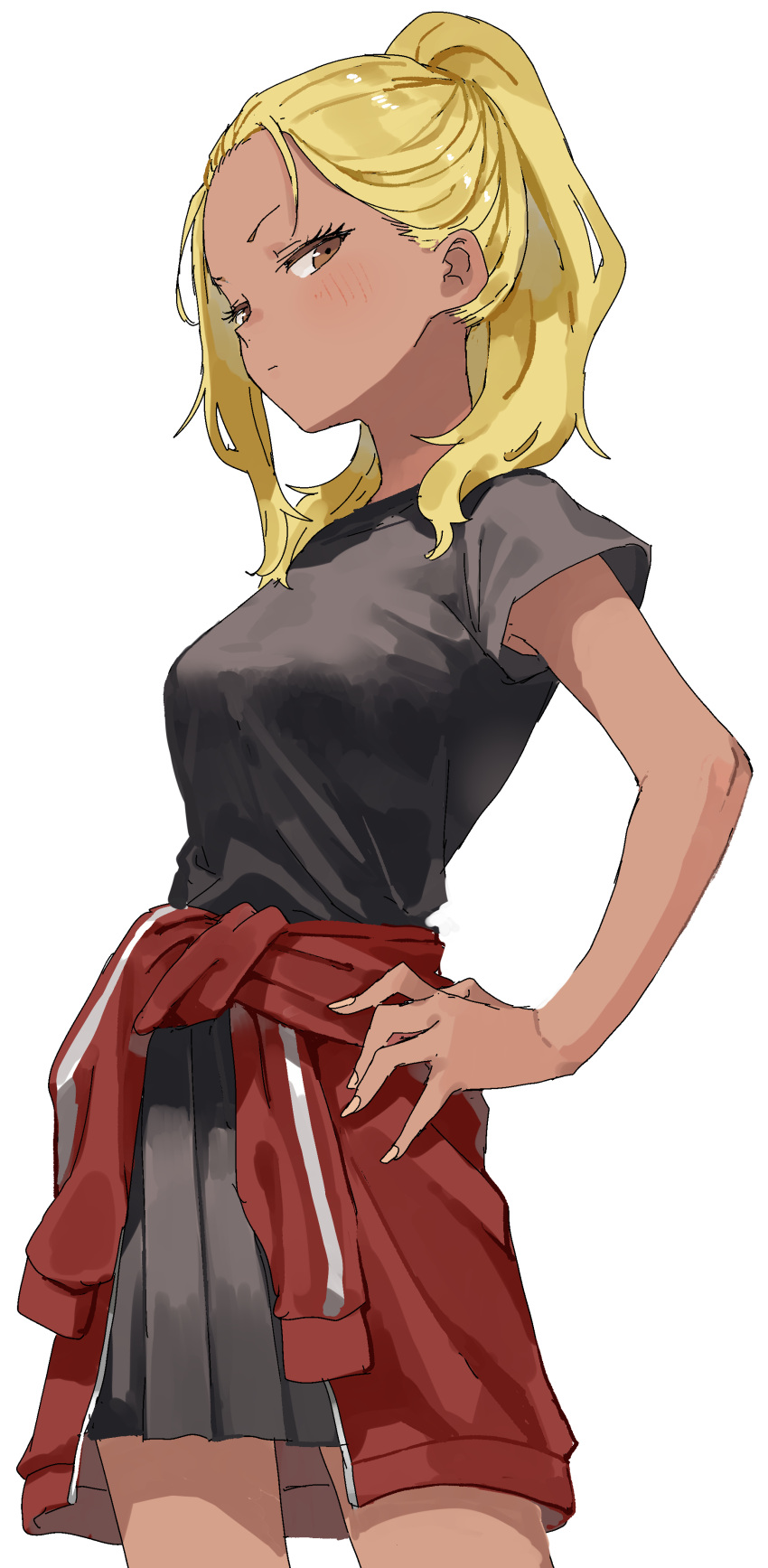 1girl, absurdres, armpit_peek, black_shirt, black_skirt, blonde_hair, breasts, brown_eyes