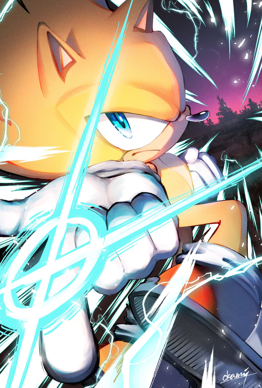 1boy, animal_ears, animal_nose, aura, clenched_hand, electricity, emphasis_lines, frown, gloves, hedgehog, hedgehog_ears, hedgehog_tail, highres, index_finger_raised, looking_at_viewer, male_focus, red_footwear, solo, sonic_(series), sonic_frontiers, sonic_the_hedgehog, sparkle, super_sonic, super_sonic_2, tondamanuke, v-shaped_eyes, white_gloves, yellow_fur