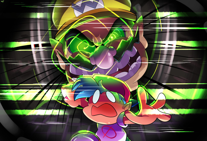 2boys, @_@, blue_hair, boyfriend_(friday_night_funkin'), facial_hair, flat_cap, fleeing, floating_head, friday_night_funkin', friday_night_funkin'_mario's_madness, green_eyes, hallway, hat, highres, looking_at_viewer, multiple_boys, mustache, saliva, scared, shirt, super_mario_64, super_mario_64_classified, super_mario_bros., teeth, wario, wario_apparition, white_shirt
