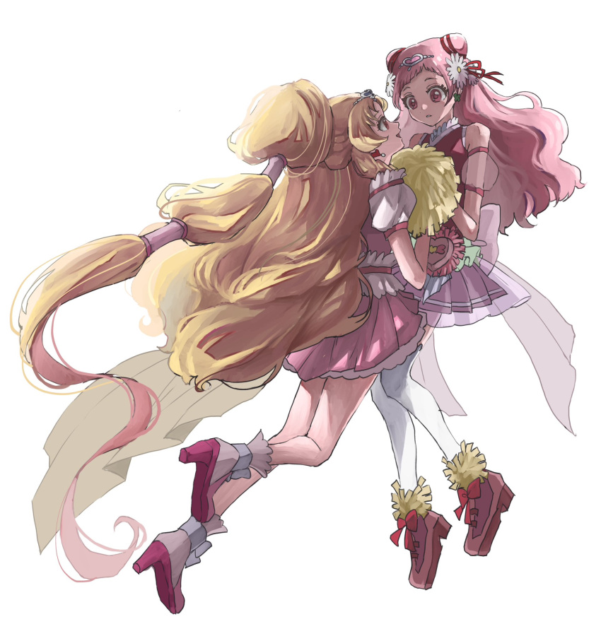 2girls, aisaki_emiru, blonde_hair, blunt_bangs, boots, bow, breasts, commentary_request