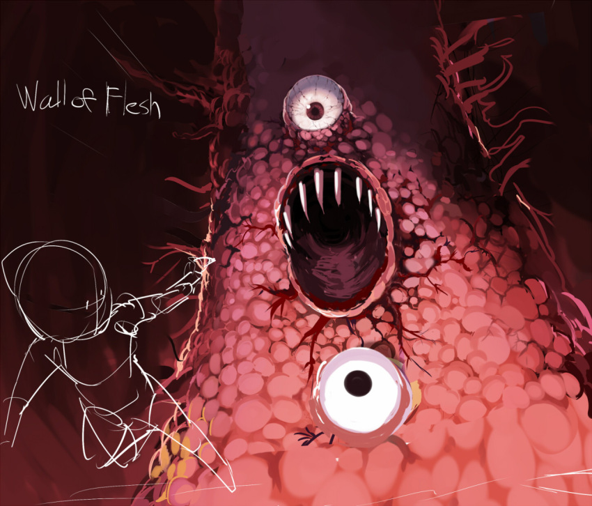 1other, aiming, ario, bloodshot_eyes, character_name, chasing, commentary_request, fleeing, flesh, hell, horror_(theme), monster, open_mouth, outline, player_character_(terraria), red_eyes, sharp_teeth, solo, teeth, tentacles, terraria, unfinished, upper_teeth_only, wall_of_flesh