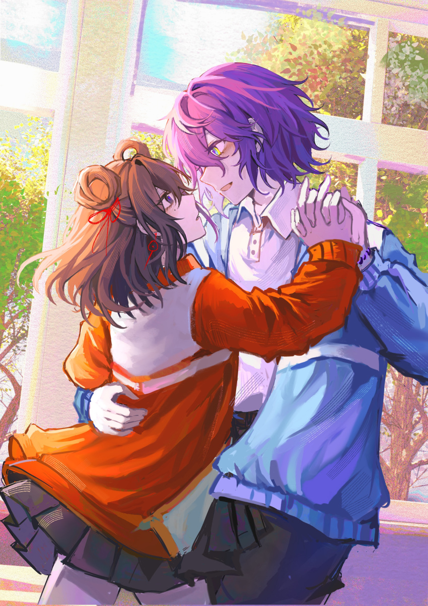 1boy, 1girl, absurdres, black_eyes, black_hair, black_pants, black_skirt, blue_jacket, chinese_commentary, collared_shirt, commentary_request, dancing, day, earrings, hair_ribbon, hand_on_another's_back, highres, holding_hands, indoors, jacket, jewelry, li_yuting_(female), long_sleeves, medium_hair, miniskirt, mole, mole_under_eye, mole_under_mouth, open_clothes, open_jacket, open_mouth, pants, parted_lips, pleated_skirt, procreate_(medium), purple_hair, red_eyes, red_ribbon, ribbon, shirt, short_hair, shouyueri, skirt, smile, touqi_guaitan, white_shirt, window, you_jiujiu