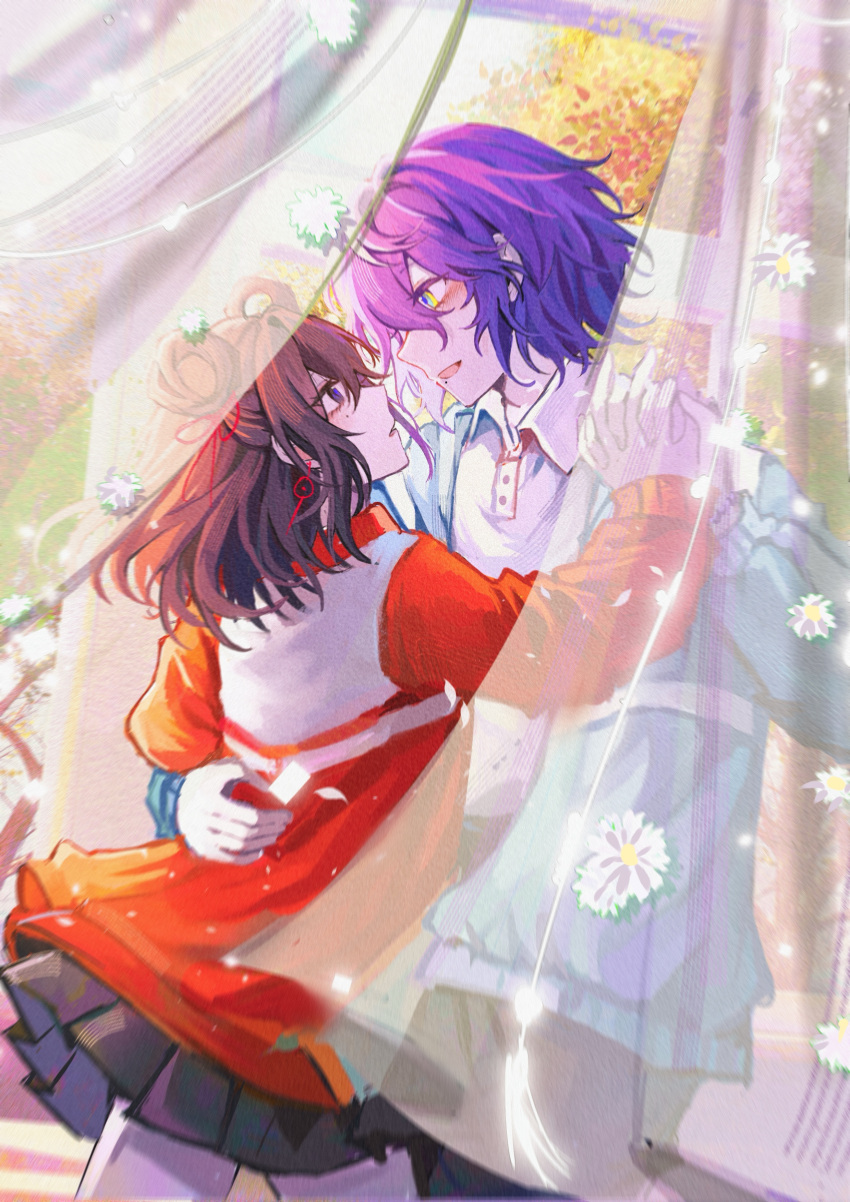 1boy, 1girl, absurdres, black_eyes, black_hair, black_pants, black_skirt, blue_jacket