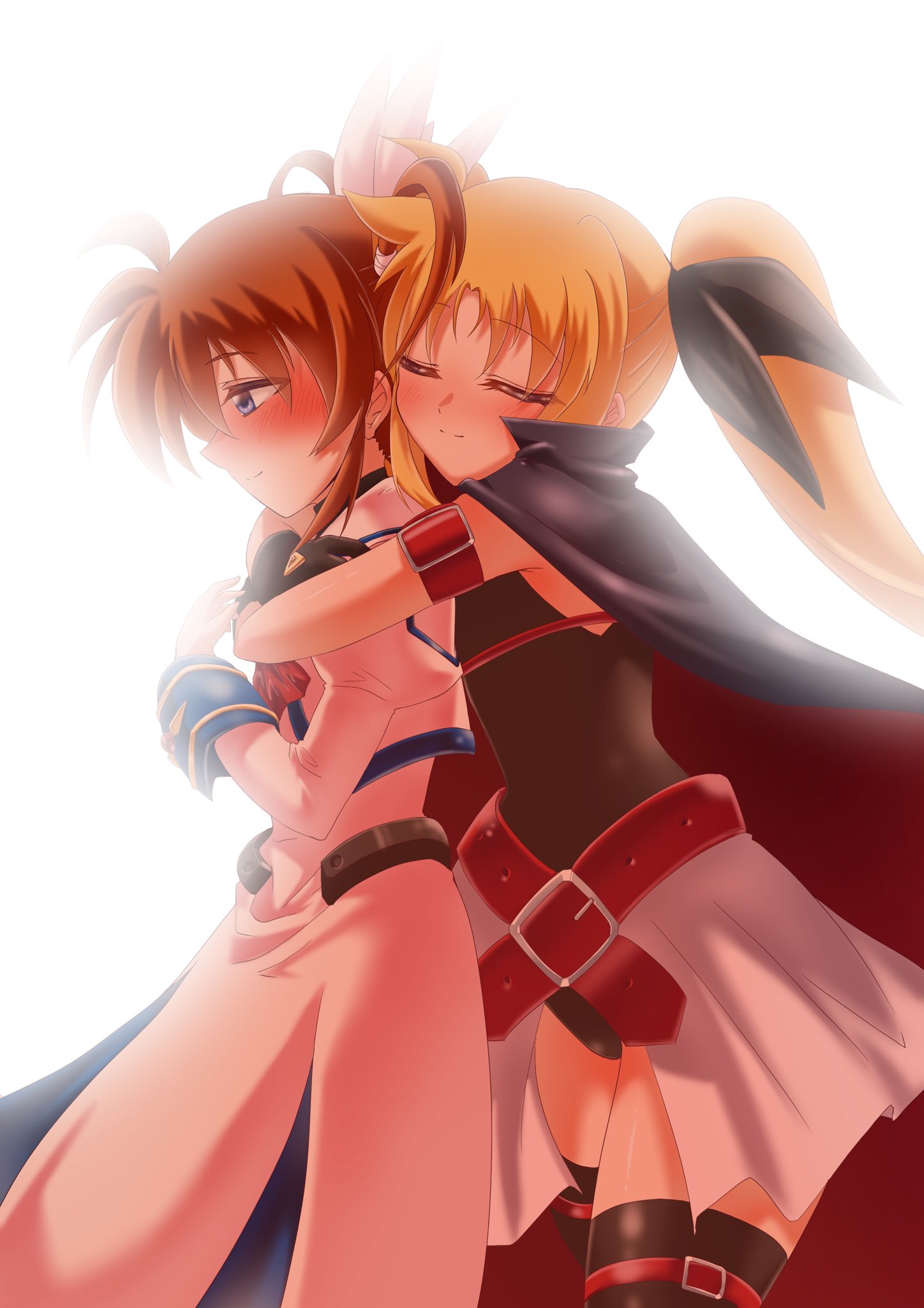 2girls, blush, closed_eyes, couple, fate_testarossa, hair_ribbon, happy, highres, hug, hug_from_behind, long_hair, long_sleeves, lyrical_nanoha, magical_girl, mahou_shoujo_lyrical_nanoha, medium_hair, multiple_girls, ribbon, ryokasaka, short_twintails, simple_background, smile, takamachi_nanoha, twintails, white_background, yuri