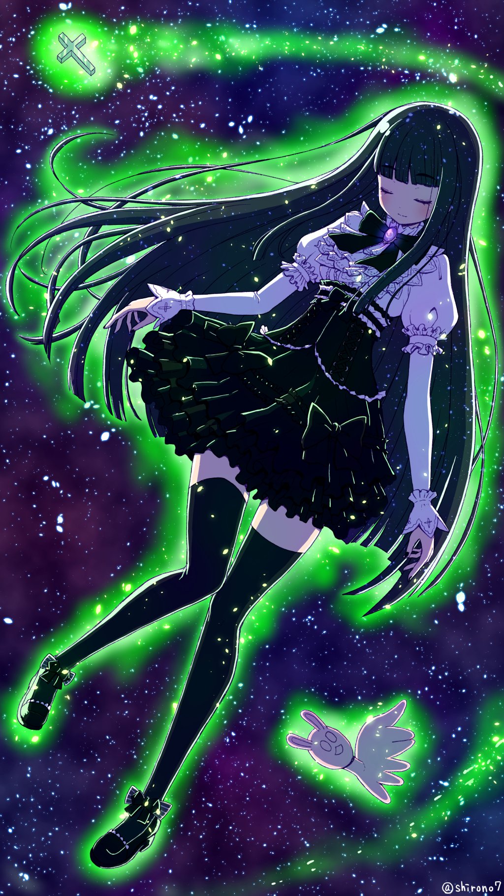 1girl, ankle_bow, black_bow, black_bowtie, black_footwear, black_hair, black_skirt, black_thighhighs
