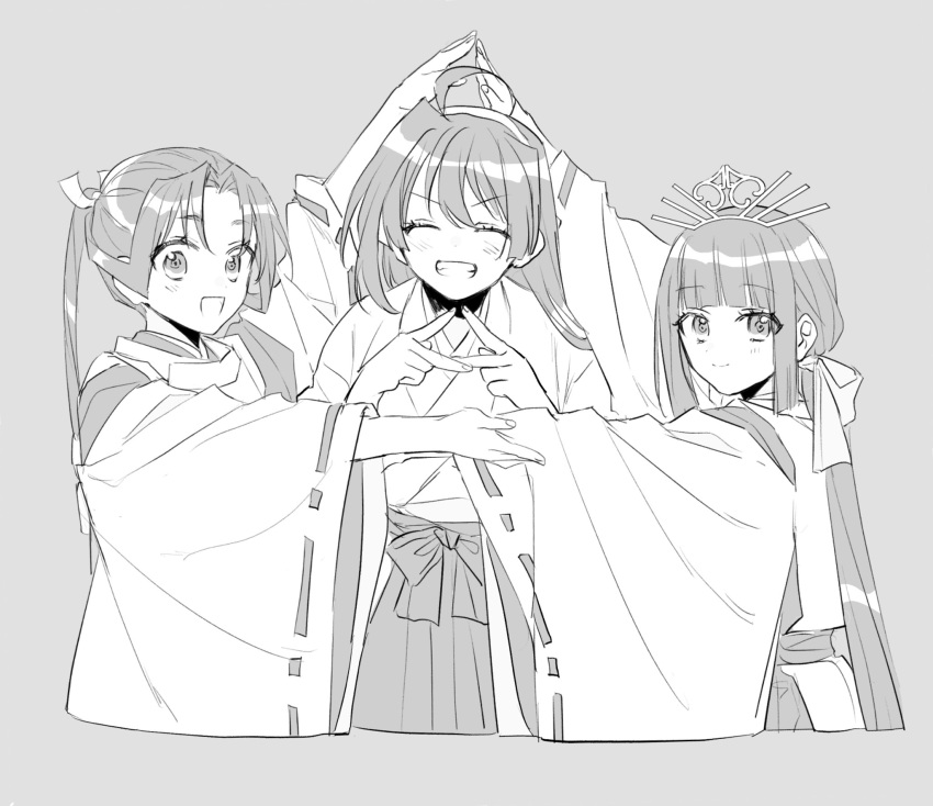 >:), 1boy, 2girls, :d, ahoge, arm_up, black_hair, blunt_bangs