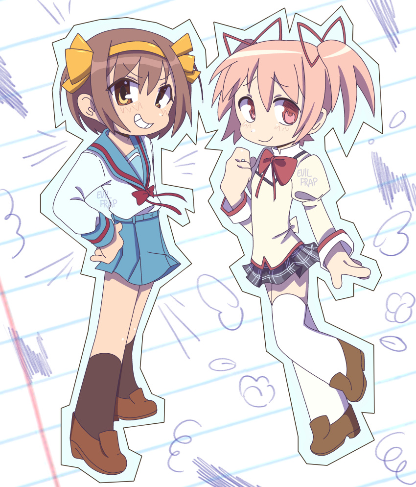 2girls, absurdres, artist_name, bow, bowtie, brown_eyes, brown_hair, brown_socks