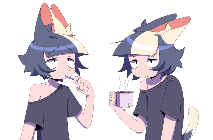1girl, absurdres, animal_ears, bags_under_eyes, black_hair, black_shirt, blonde_hair, blunt_bangs