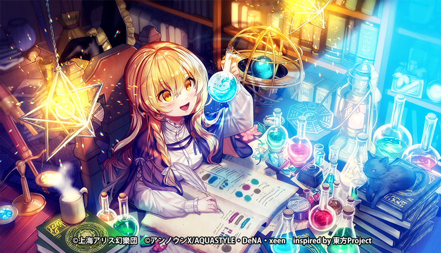 1girl, alternate_costume, black_cat, blonde_hair, book, bookshelf, bow, braid