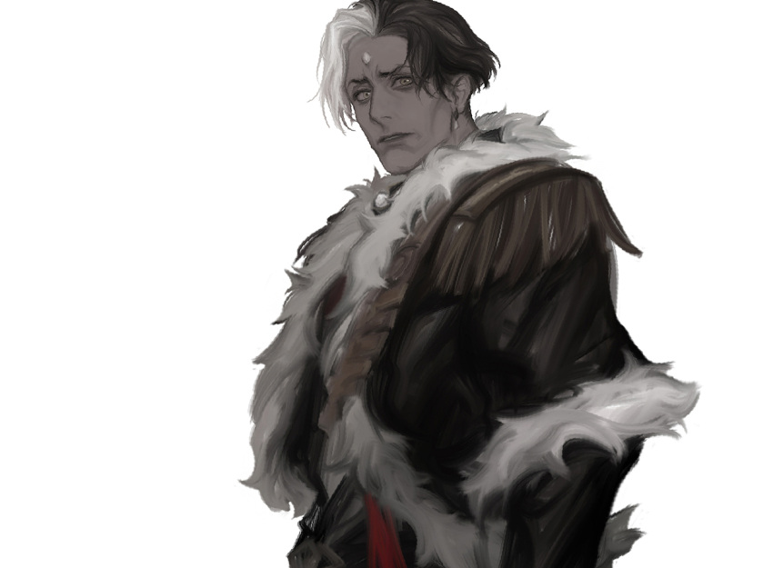 1boy, black_coat, brown_hair, coat, commentary, earrings, emet-selch, english_commentary