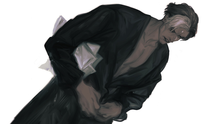1boy, alternate_costume, black_hair, black_shirt, buttoning, carrying, carrying_under_arm, chinese_commentary