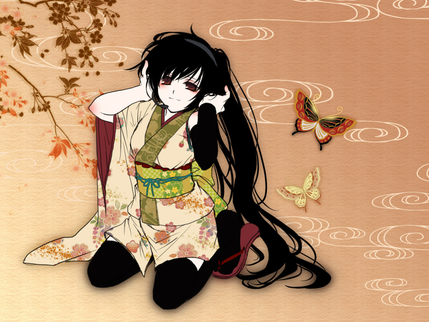 butterfly, flower, hands_on_headphones, headphones, headset, japanese_clothes, kimono, kneeling