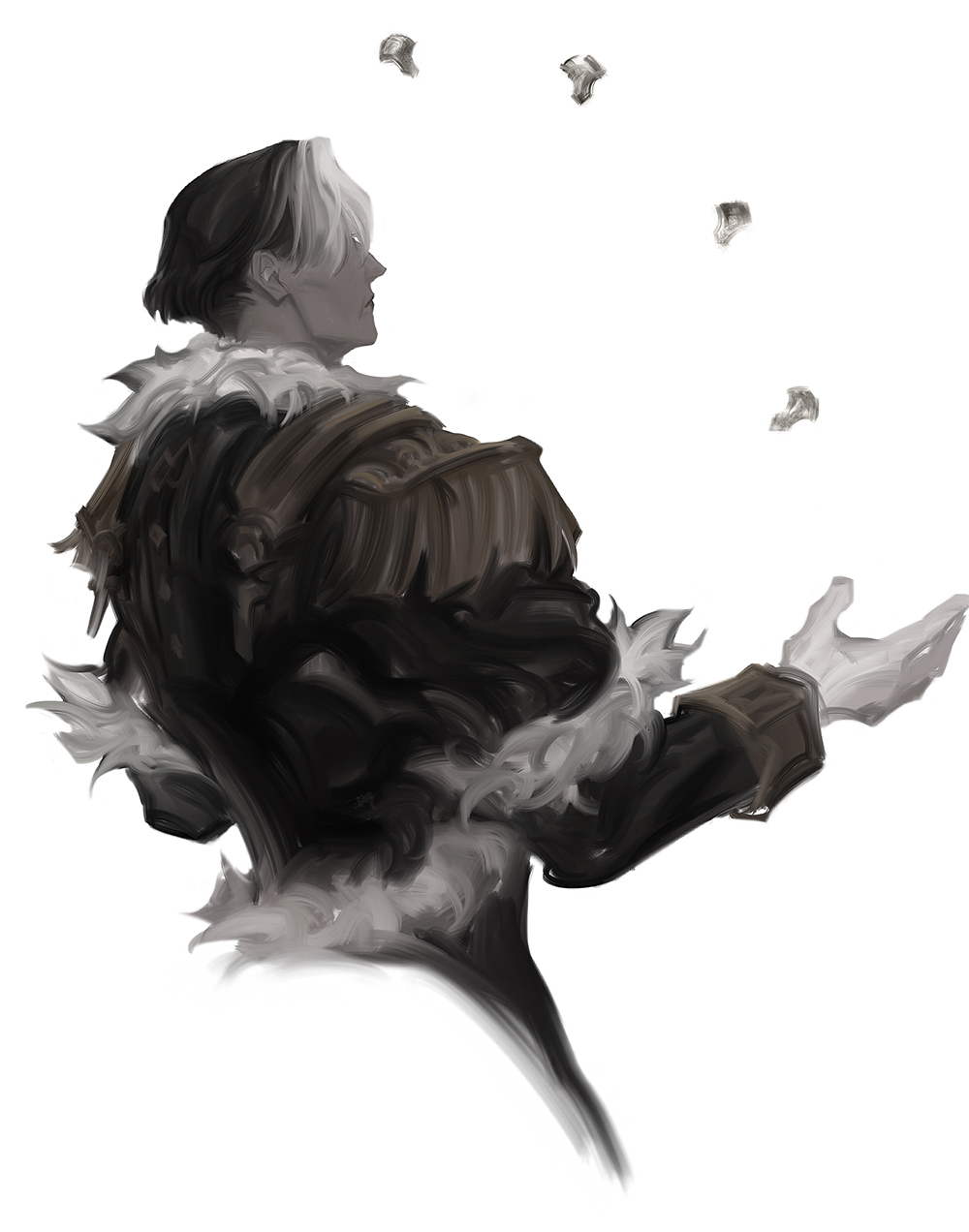 1boy, black_coat, black_hair, coat, commentary, constellation_crystal_(ff14), cropped_torso, emet-selch, english_commentary, epaulettes, facing_away, final_fantasy, final_fantasy_xiv, floating, floating_object, from_behind, fur-trimmed_coat, fur_trim, garlean, gloves, highres, male_focus, multicolored_hair, shawnstaw, short_hair, simple_background, solo, two-tone_hair, upper_body, white_background, white_gloves