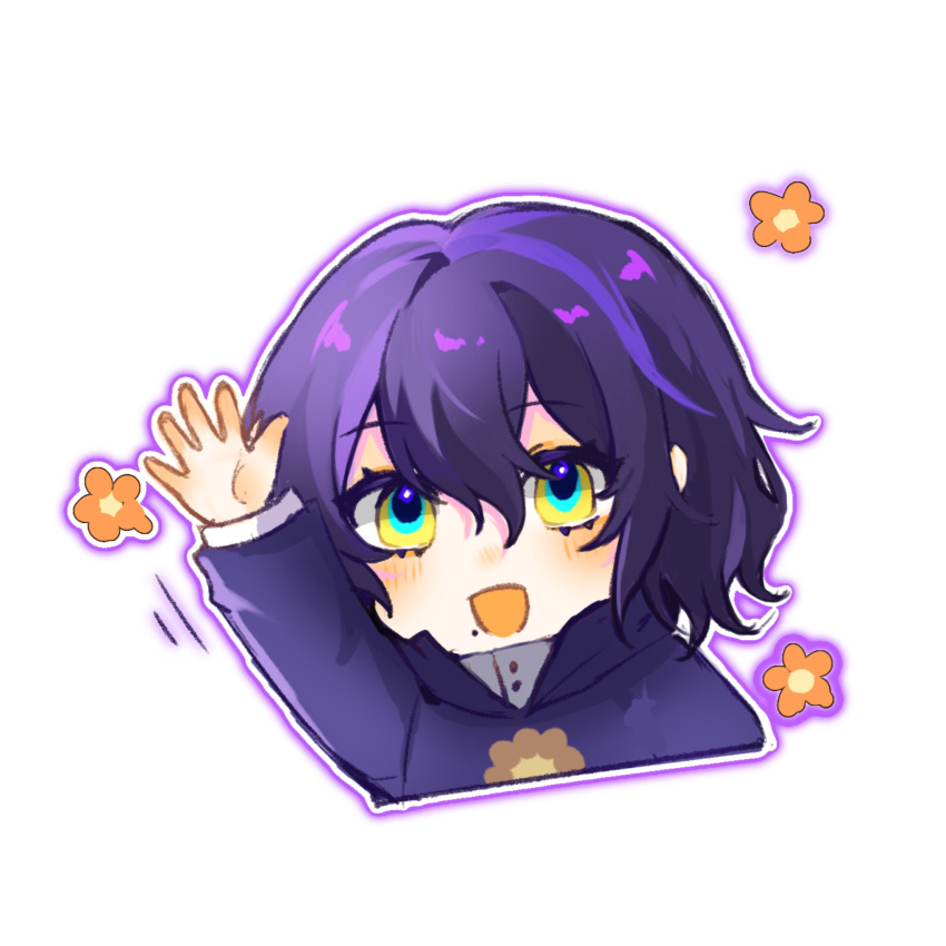 1boy, arm_up, black_hair, black_hoodie, chibi, chibi_only, chinese_commentary, commentary_request, cropped_shoulders, flower, grey_shirt, highres, hood, hood_down, hoodie, male_focus, medium_hair, mole, mole_under_mouth, multicolored_eyes, open_mouth, orange_flower, procreate_(medium), purple_outline, shirt, shouyueri, simple_background, smile, solo, touqi_guaitan, white_background, you_jiujiu