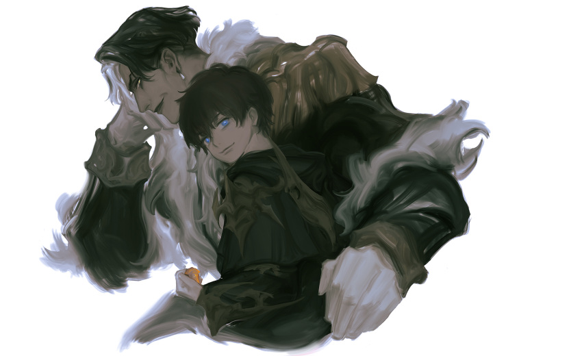 2boys, adventurer_(ff14), alternate_costume, black_capelet, black_coat, black_hair, black_lips, black_robe, blue_eyes, capelet, coat, commentary, constellation_crystal_(ff14), cropped_torso, earrings, emet-selch, english_commentary, epaulettes, final_fantasy, final_fantasy_xiv, fur-trimmed_coat, fur_trim, garlean, gloves, highres, holding_crystal, hood, hood_down, hooded_capelet, jewelry, looking_at_viewer, male_focus, multicolored_hair, multiple_boys, robe, shawnstaw, short_hair, simple_background, smile, smirk, two-tone_hair, upper_body, warrior_of_light_(ff14), white_background, white_gloves, yellow_eyes