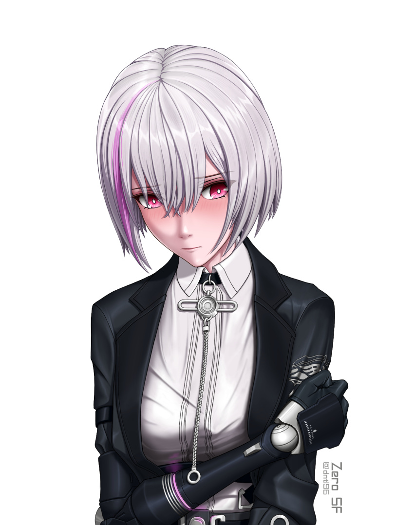 1girl, birthday, black_jacket, blush, bright_pupils, closed_mouth, collared_shirt, commentary
