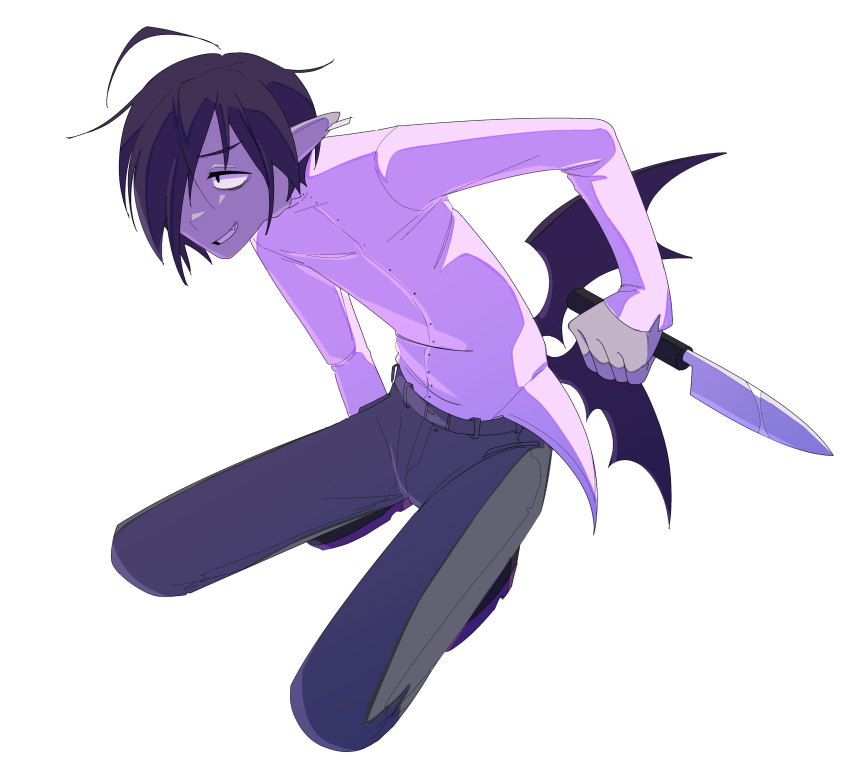 1boy, absurdres, ahoge, black_hair, black_pants, colored_skin, commentary, english_commentary
