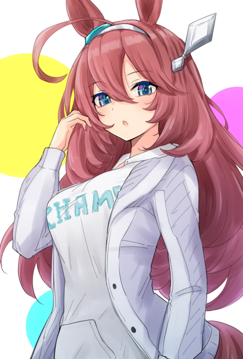 1girl, ahoge, animal_ears, antenna_hair, blue_hair, breasts, grey_jacket, grey_pants
