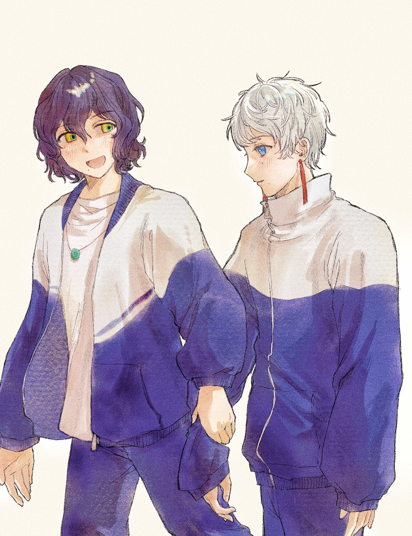 2boys, arm_grab, blue_eyes, blue_jacket, blue_pants, bright_pupils, chinese_commentary, commentary_request, earrings, film_grain, hair_between_eyes, high_collar, highres, jacket, jewelry, long_sleeves, male_focus, mole, mole_under_eye, mole_under_mouth, multiple_boys, necklace, open_clothes, open_jacket, open_mouth, pants, parted_lips, purple_hair, shirt, short_hair, shun_zhi_yuanwei_ji, simple_background, smile, touqi_guaitan, white_background, white_hair, white_pupils, white_shirt, xue_hanyu, yellow_eyes, you_jiujiu, zipper_pull_tab
