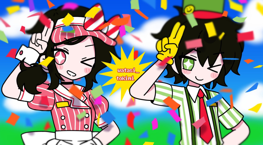 >_o, +_+, 1boy, 1girl, andrew_graves, apron, artist_name, ashley_graves