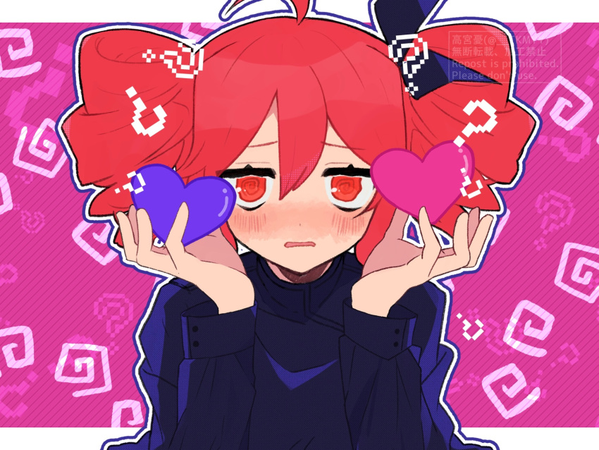 1girl, ?, @_@, ahoge, aimai_funk_(synthesizer_v), black_ribbon, black_shirt, blush, buttons, drill_hair, hair_ribbon, hand_up, heart, highres, holding, holding_heart, kasane_teto, kasane_teto_(sv), long_sleeves, looking_at_viewer, open_mouth, pink_background, red_eyes, redhead, ribbon, shirt, solo, synthesizer_v, takamiya_yuu, twin_drills, twintails, utau