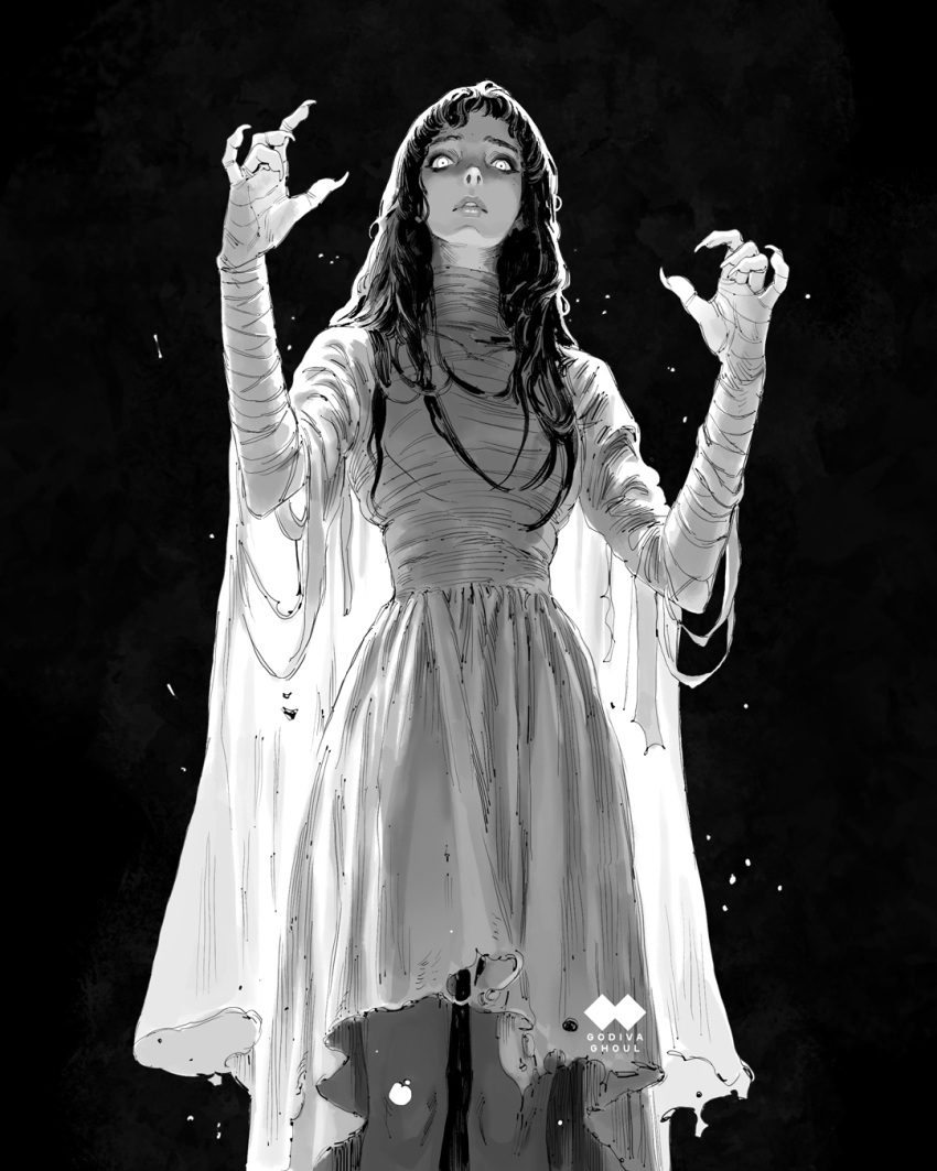 1girl, artist_logo, artist_name, backlighting, bandaged_arm, bandaged_hand, bandages, black_background