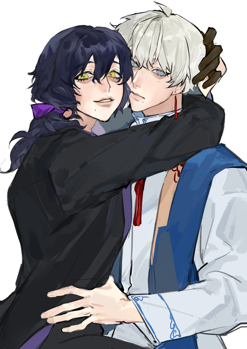 2boys, absurdres, artist_request, black_hair, black_jacket, black_pants, blue_eyes, blue_vest