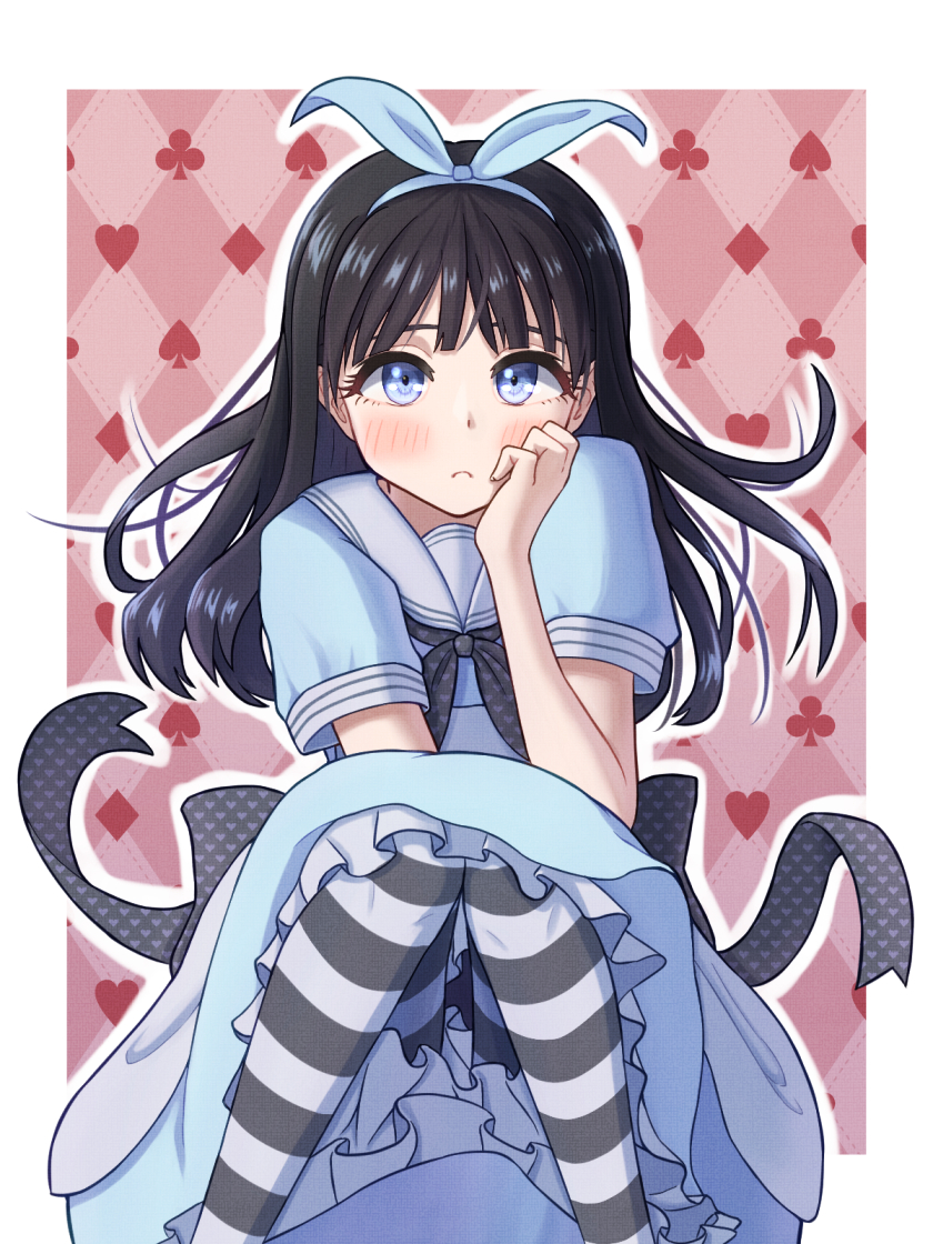 1girl, akebi-chan_no_serafuku, akebi_komichi, alice_(alice_in_wonderland), alice_(alice_in_wonderland)_(cosplay), alice_in_wonderland, apron, back_ribbon, black_hair, blue_dress, blue_hairband, bow, clover, cosplay, diamond_(shape), dress, feet_out_of_frame, frilled_skirt, frills, hair_bow, hairband, hand_on_own_cheek, hand_on_own_face, heart, kakikakuka, long_hair, sailor_collar, short_sleeves, skirt, spade_(shape), striped_clothes, striped_thighhighs, thigh-highs, waist_apron