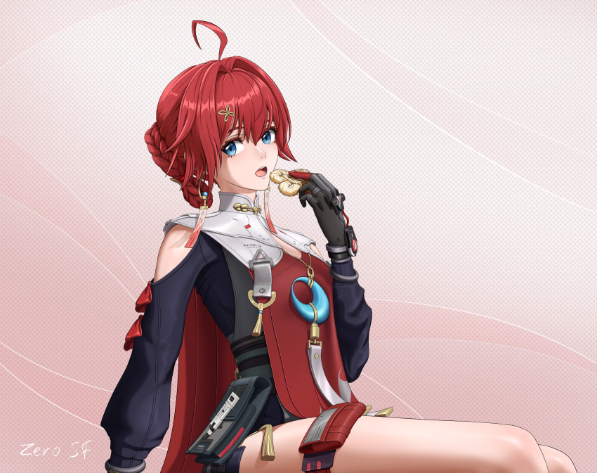 1girl, ahoge, artist_name, black_gloves, black_shirt, blue_eyes, clothing_cutout, collar