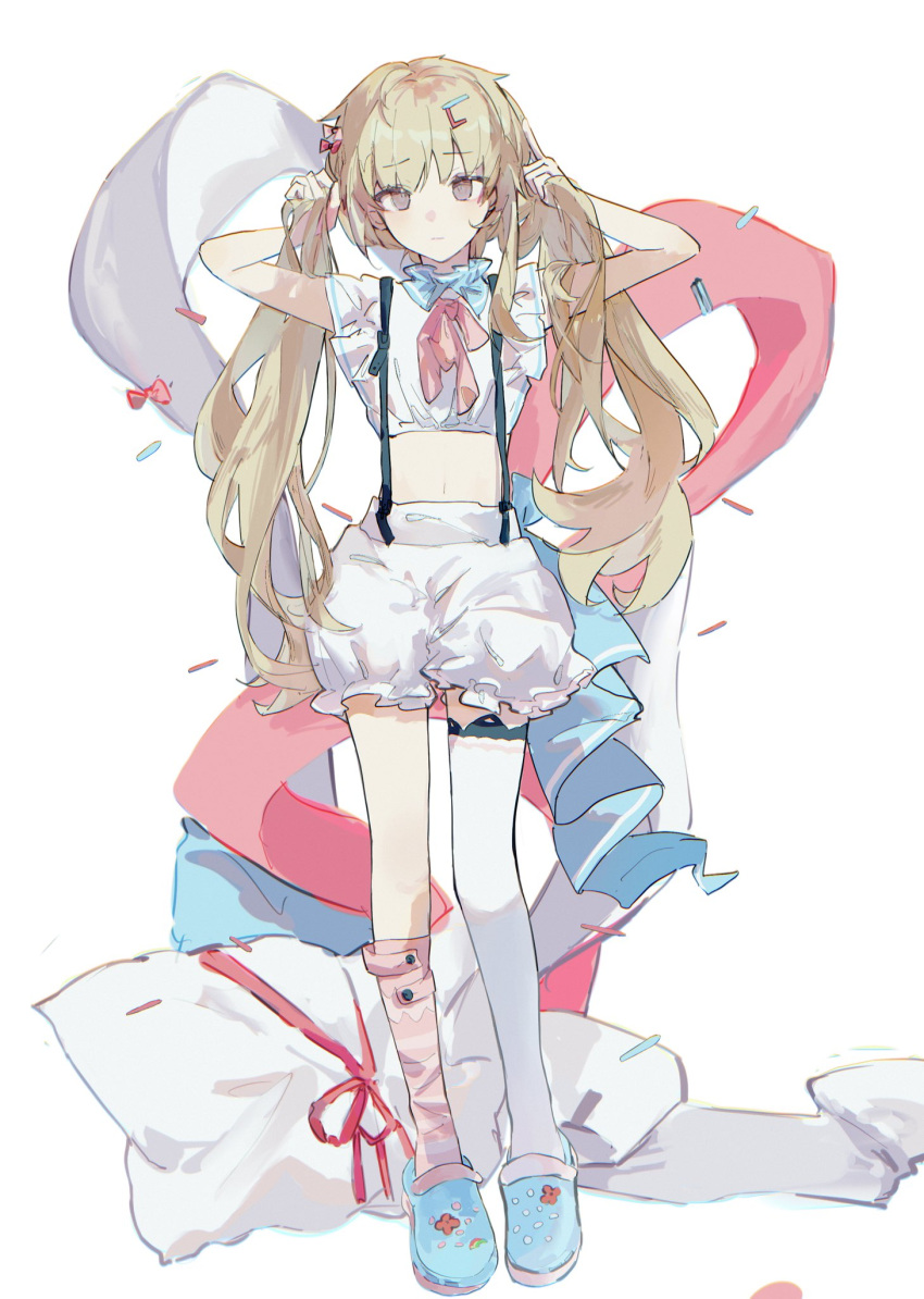 1girl, adjusting_hair, asymmetrical_legwear, blonde_hair, blue_footwear, bow, brown_eyes, closed_mouth