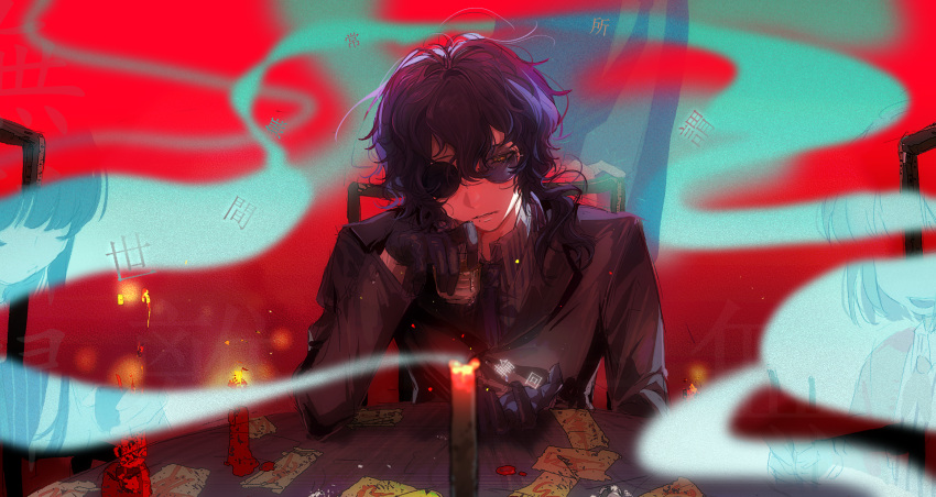 2boys, 2girls, artist_request, black_gloves, black_hair, black_jacket, black_necktie, candle