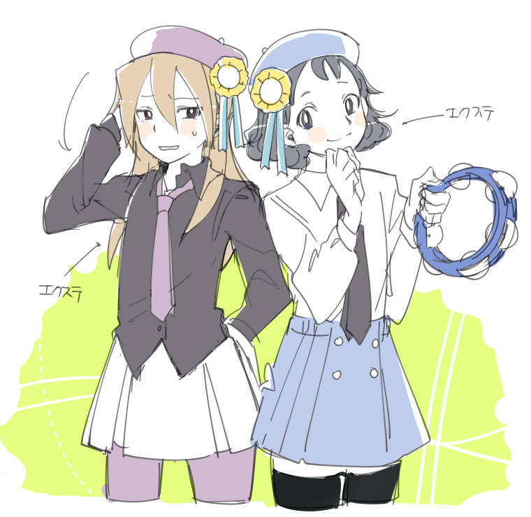 2girls, beret, black_hair, black_necktie, black_shirt, blue_hat, blue_skirt, brown_hair