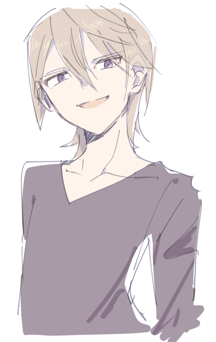 1boy, brown_hair, collarbone, commentary_request, cropped_torso, full_body, grey_shirt, hair_between_eyes