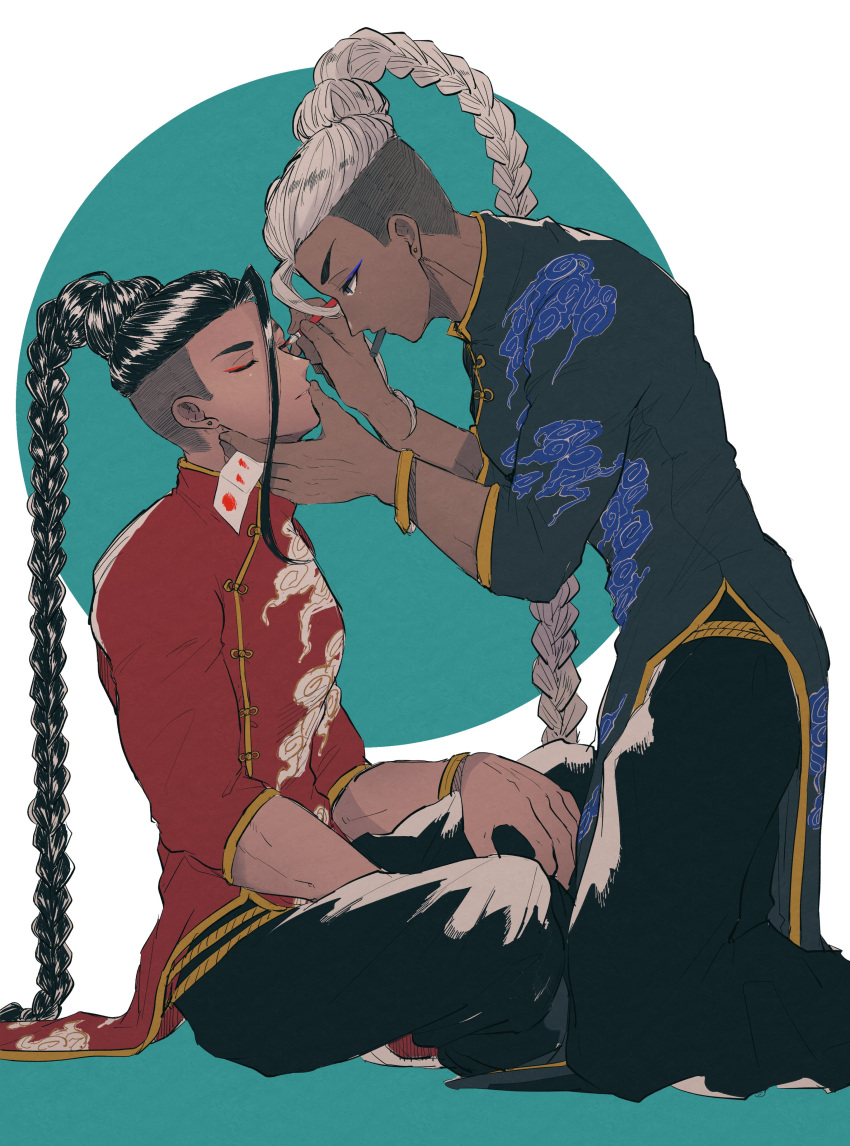 1boy, absurdly_long_hair, absurdres, alternate_color, alternate_costume, alternate_skin_color, applying_makeup, applying_makeup_on_another