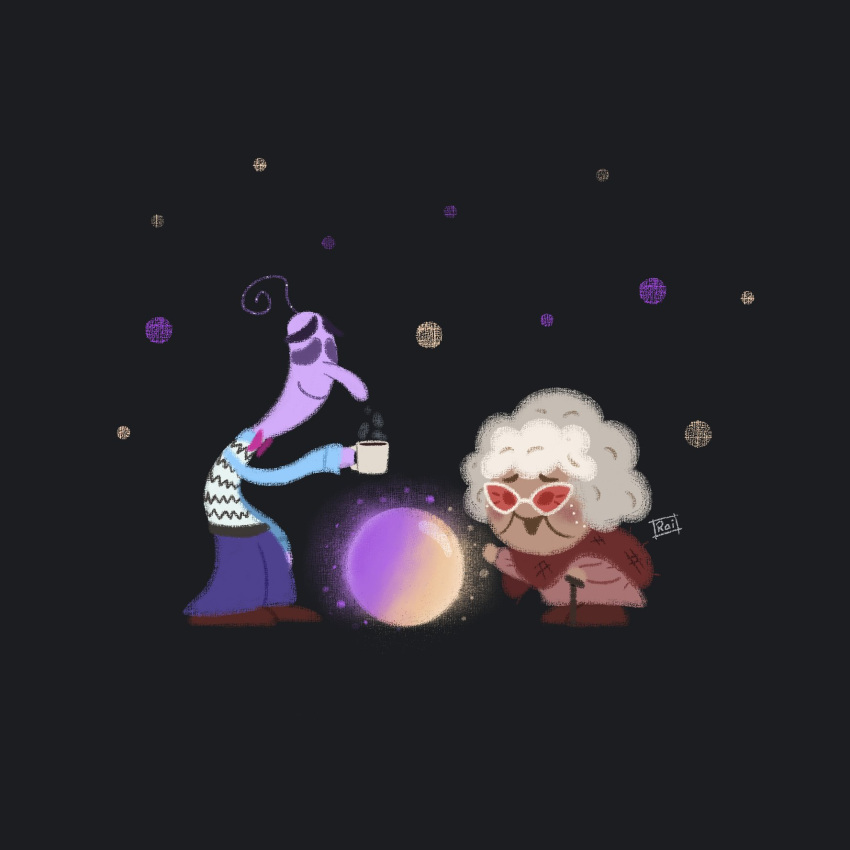 1boy, 1girl, artist_name, bow, bowtie, coffee, coffee_mug, colored_skin, cup, dark_skin, fear_(inside_out), glass, glowing, highres, inside_out, inside_out_2, iraicheezz, mug, nostalgia_(inside_out_2), old, old_woman, orb, pants, polka_dot, polka_dot_background, purple_hair, purple_skin, scarf, shoes, signature, simple_background, smile, staff, sweater, white_hair