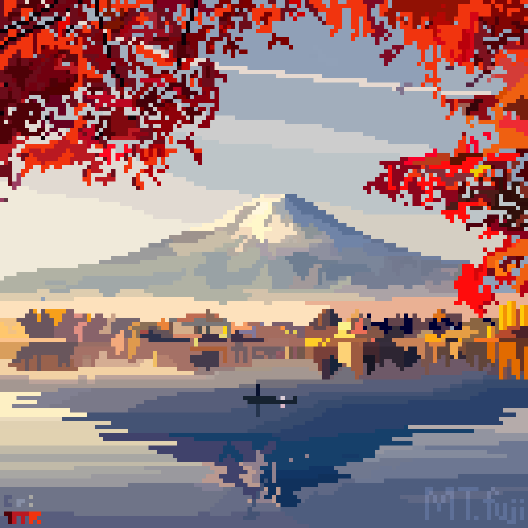autumn, autumn_leaves, blue_sky, branch, day, highres, lake, leaf, mount_fuji, mountain, original, pixel_art, reflection, reflective_water, scenery, shadow, sky, sunlight, tomoruka_mr, water