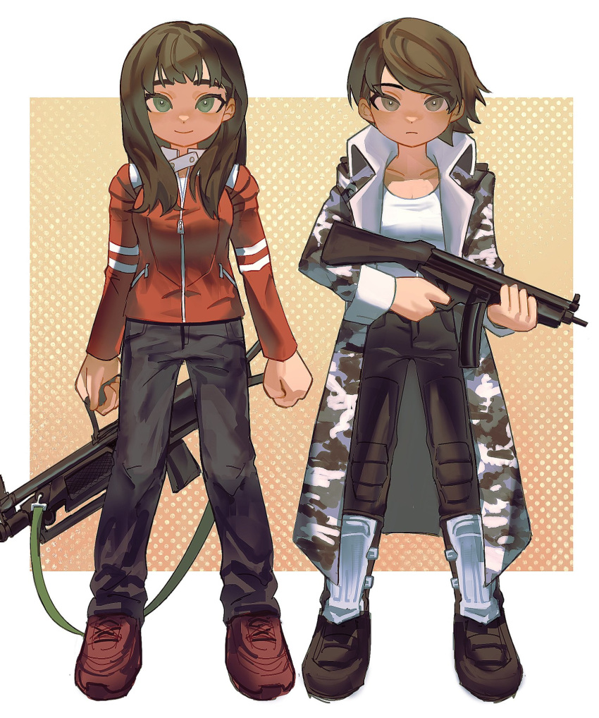 2girls, alternate_costume, babykatafan, black_eyes, black_hair, black_pants, boots, brown_footwear