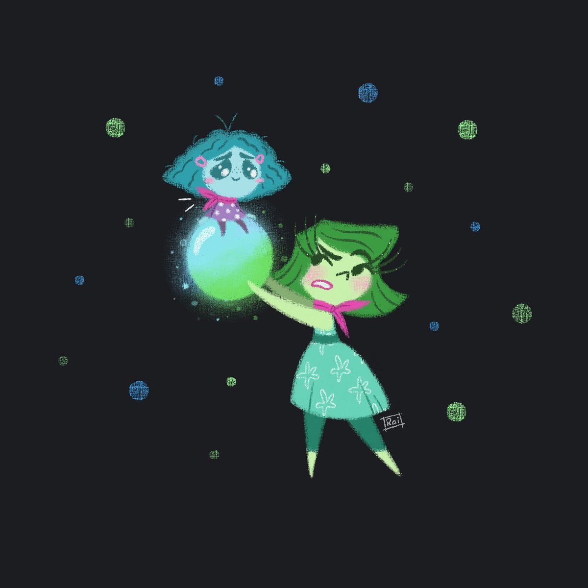 artist_name, disgust_(inside_out), dress, envy_(inside_out_2), glowing, green_eyes, green_hair, highres