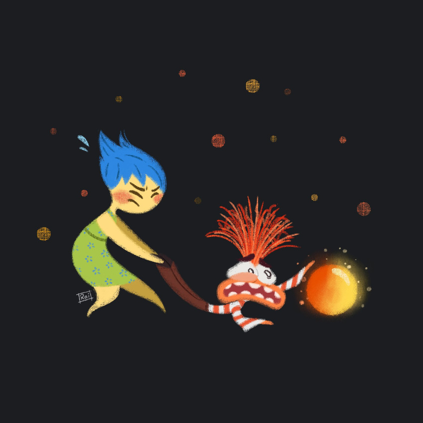 2girls, anxiety_(inside_out_2), artist_name, blue_hair, colored_skin, dress, floral_print, frown